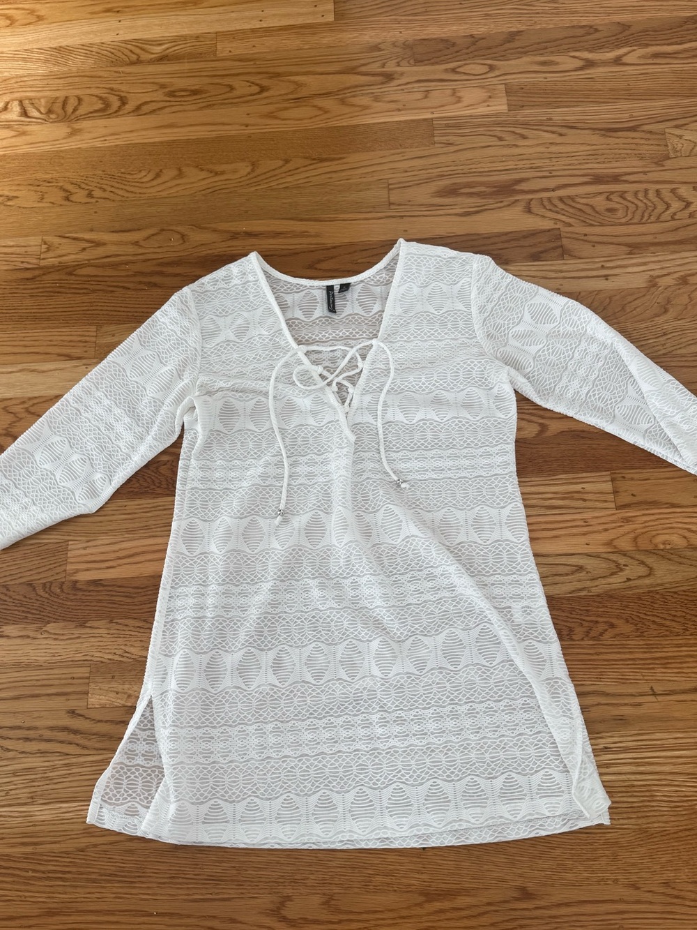 Portocruz Women’s White Lace-Up Crochet Tunic Swim Cover Up